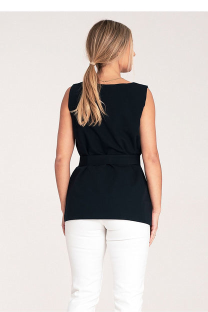 Back view of the Figl trapezoidal blouse, showcasing its flattering silhouette and premium gold buckle.