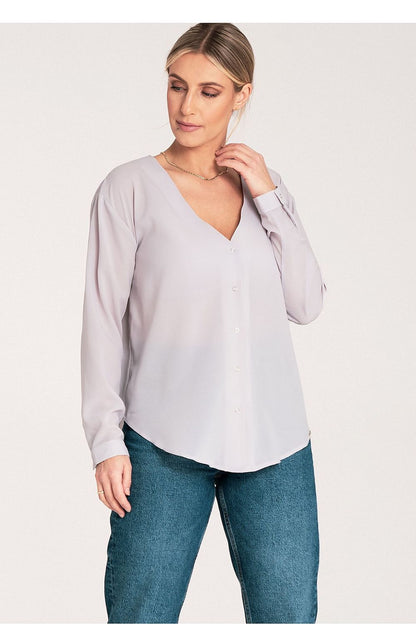 Figl long sleeve shirt featuring a cheeky neckline, stylish cuff fastened design, and luxurious fabric, perfect for elegant occasions.