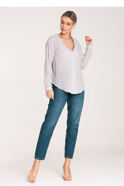 Elegant Figl long sleeve shirt showing fine detailing of the cuff fastening and cheeky neckline, showcasing sophisticated style.