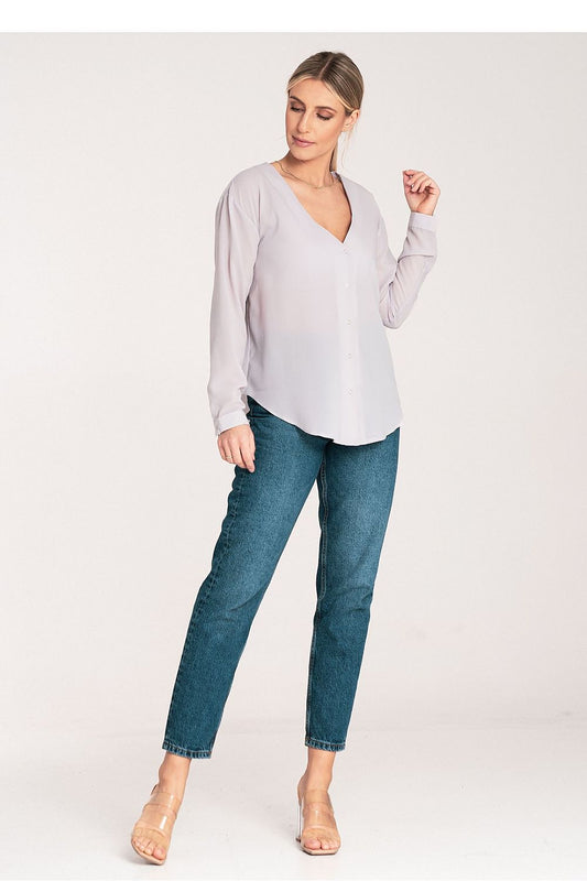 Elegant Figl long sleeve shirt showing fine detailing of the cuff fastening and cheeky neckline, showcasing sophisticated style.