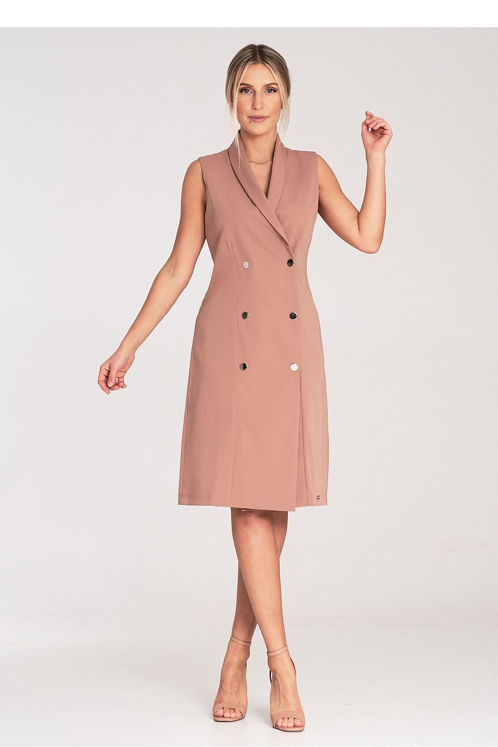 Elegant Figl sleeveless midi dress featuring a double-breasted closure and decorative snaps, perfect for sophisticated occasions.