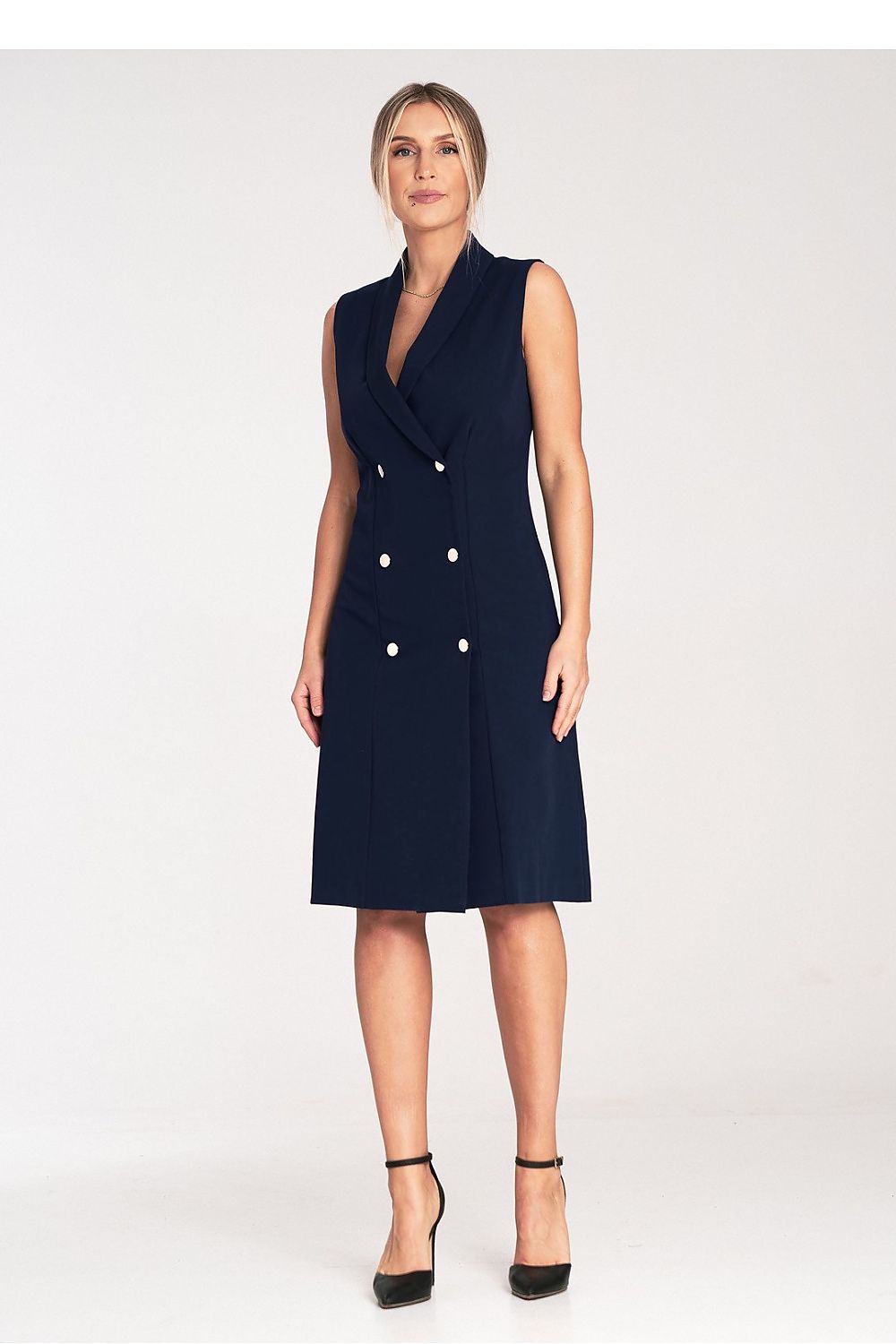 Elegant Figl midi dress with double-breasted closure and sleeveless design in a luxurious fabric, showcasing a sophisticated envelope neckline.