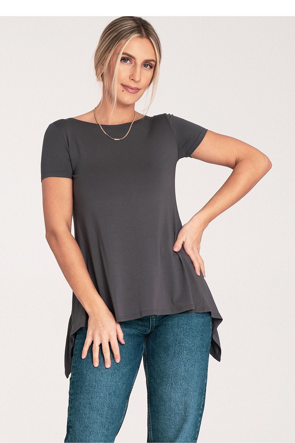 Stylishly modelled Luxury Figl long sleeve blouse with frill cutout, perfect for chic occasions and available in multiple sizes.