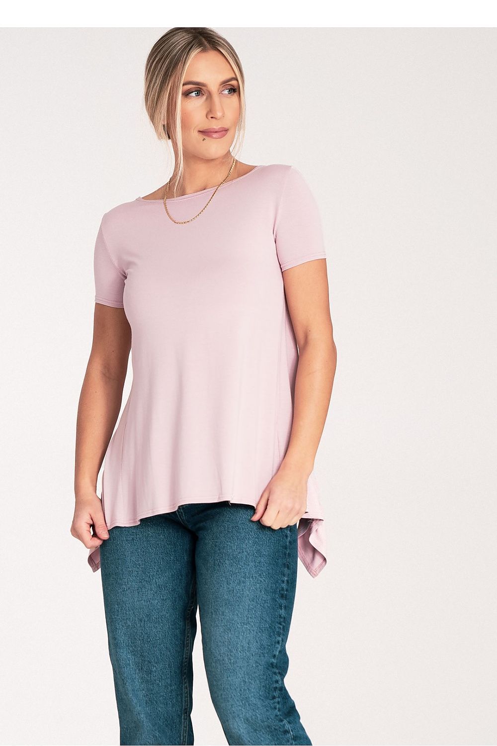 Figl long sleeve blouse with detailed product measurement chart, showcasing sizes and perfect fit for a luxury wardrobe staple.