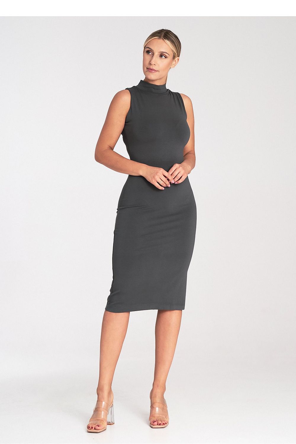 Elegant Figl fitted sleeveless midi dress featuring a stylish stand-up collar, perfect for sophisticated occasions.