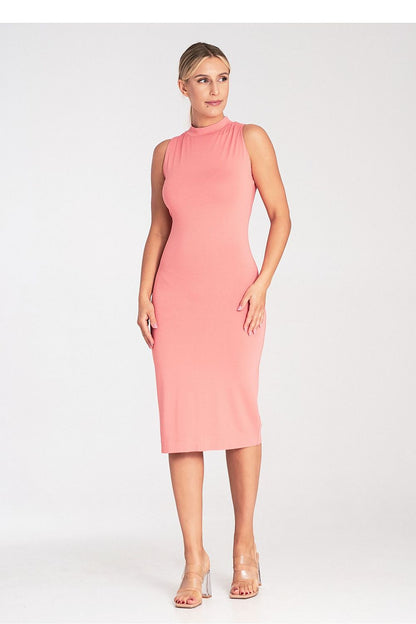 Elegantly styled Figl fitted sleeveless midi dress showcased in soft viscose blend with stand-up collar, perfect for sophisticated evening wear.