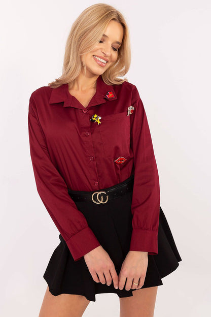 Elegant Italy Moda women's long sleeve casual shirt in breathable cotton blend, featuring a classic collar and front pocket, styled with detachable brooches for a luxurious touch.