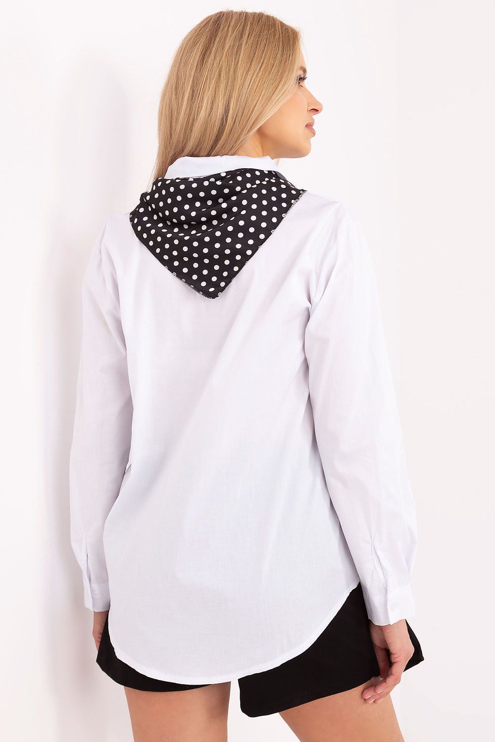 Close-up of Italy Moda's Elegant Women's Long Sleeve Shirt featuring a beautiful removable scarf detail, crafted from premium cotton blend for a luxurious feel.