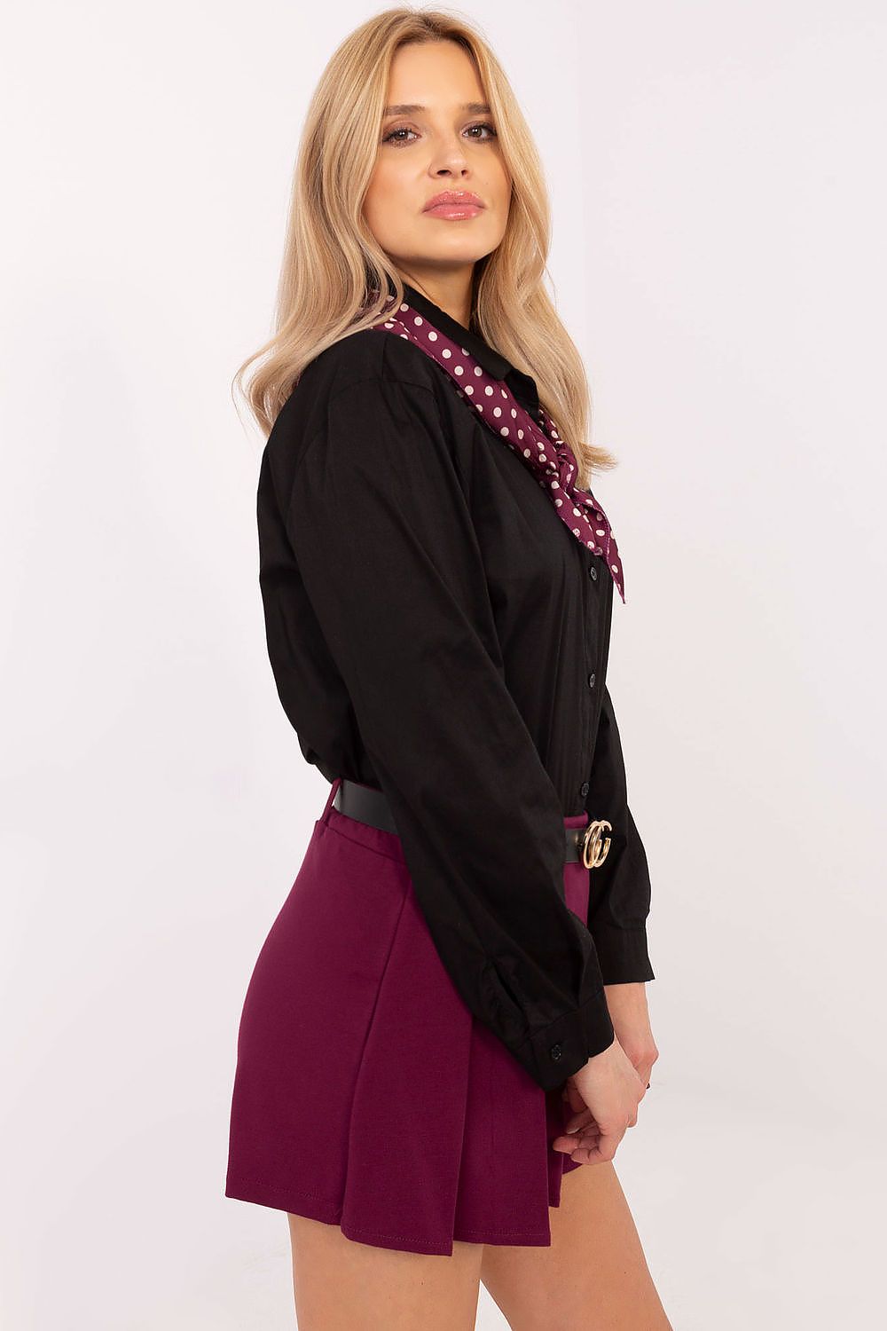 Versatile Italy Moda long sleeve shirt with removable scarf, exemplifying elegance and comfort, tailored for the modern, fashion-forward woman.