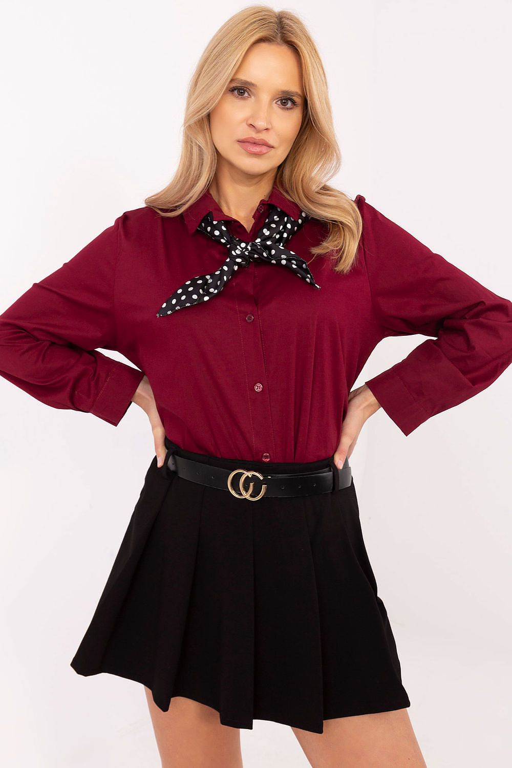 Luxurious women's long sleeve shirt by Italy Moda featuring an elegant design with a classic collar and removable scarf for versatile styling.