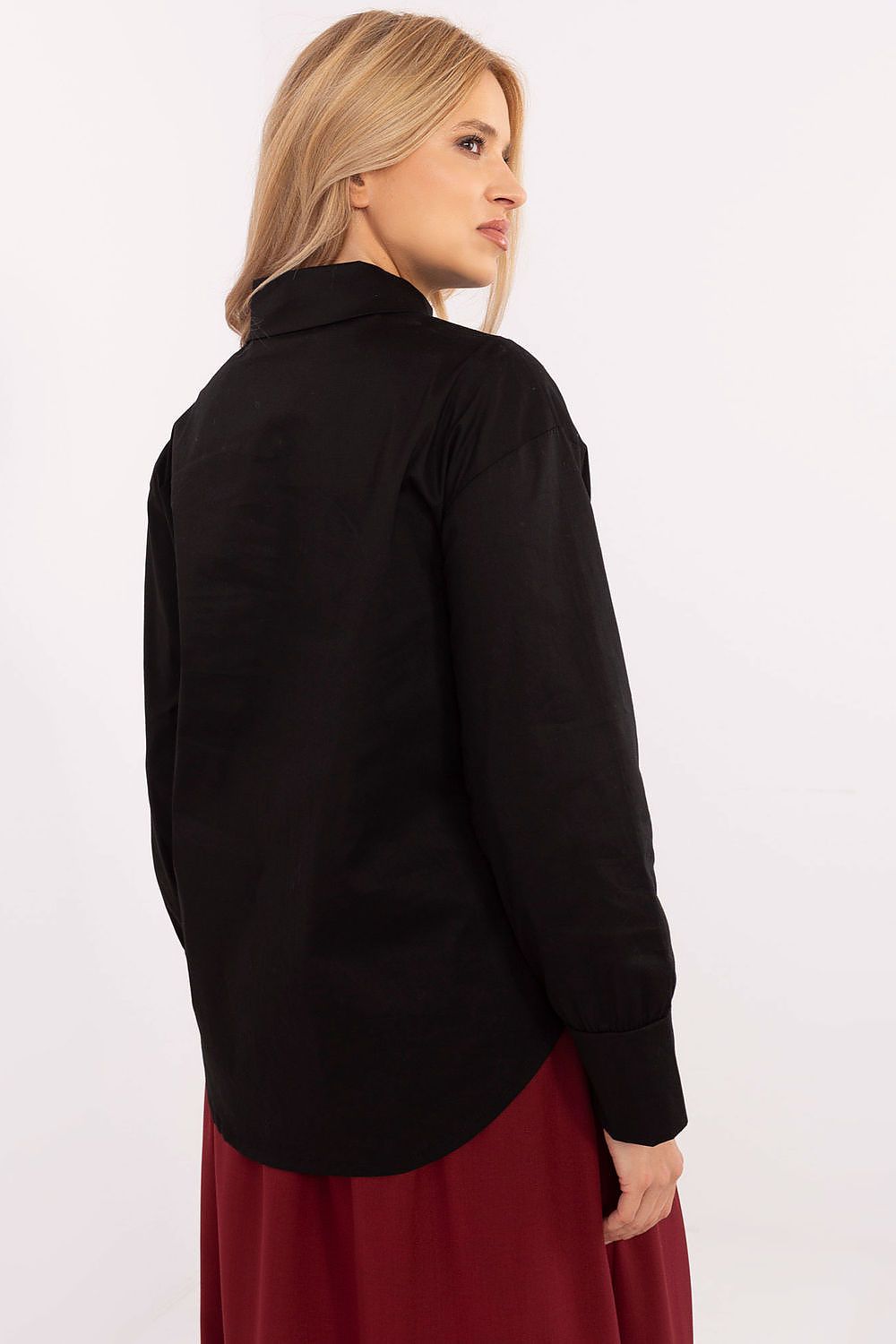 Italy Moda Women's Long Sleeve Shirt displayed elegantly, highlighting the minimalist design and classic collar, ideal for sophisticated everyday styling.