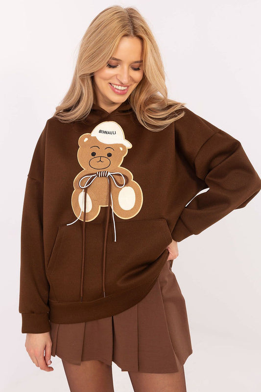Luxury women's casual sweatshirt with hood and teddy bear patches by Italy Moda, showcasing a soft polyester fabric and stylish kangaroo pocket.