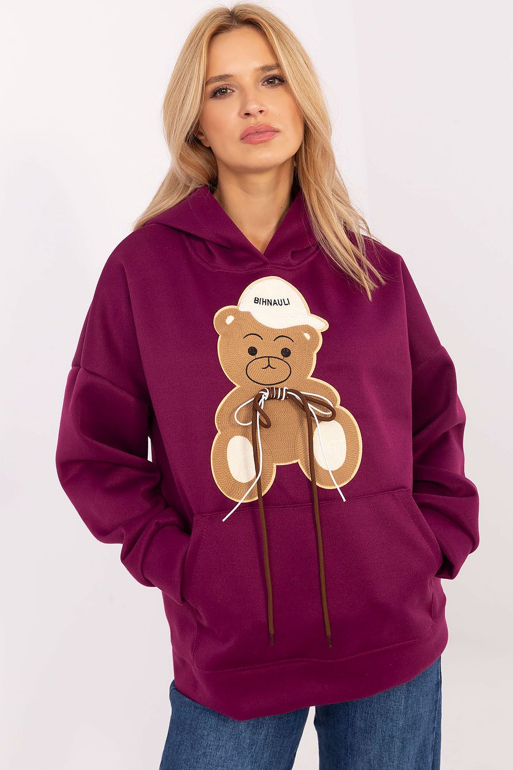 Stylish women's casual sweatshirt with hood by Italy Moda, crafted from 100% polyester, perfect for daily wear with a playful teddy bear design.