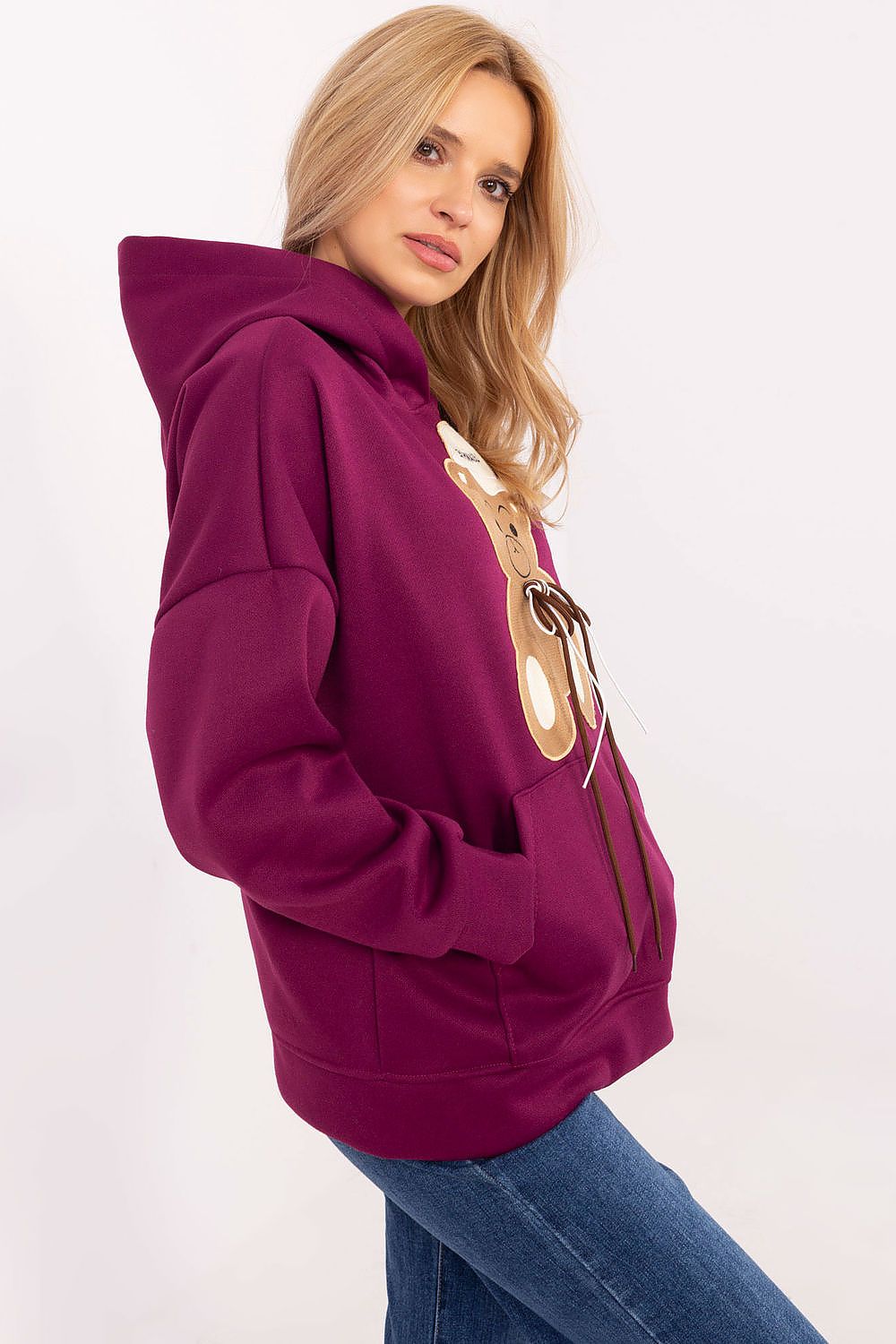 Fashionable luxury women's sweatshirt by Italy Moda, designed with adorable teddy bear patches and perfect for a sporty casual look.