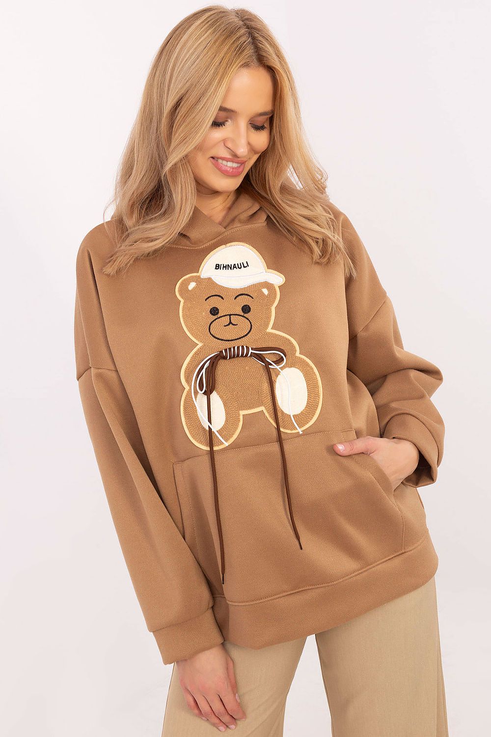 Luxury Women's Casual Sweatshirt by Italy Moda featuring teddy bear patches, hood, and a soft polyester fabric, ideal for stylish everyday wear.