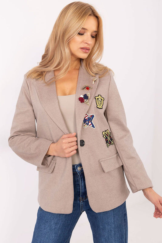 Elegant Women's Casual Blazer Jacket by Italy Moda, showcasing a sophisticated polyester-viscose blend with detachable brooches, ideal for a luxurious autumn look.