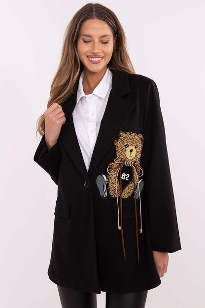 Elegant mid-thigh women's jacket by Italy Moda, featuring a casual teddy bear patch, ideal for autumn and winter wear.