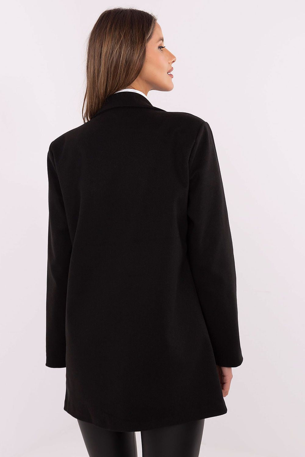 Luxurious women's mid-thigh jacket by Italy Moda featuring elegant teddy bear patch and sophisticated silhouette, perfect for casual wear in autumn, winter and spring.