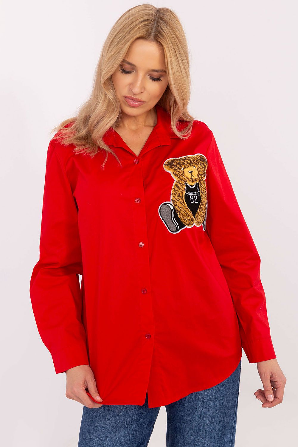Elegant casual long sleeve shirt by Italy Moda featuring a stylish teddy bear patch, crafted from a luxurious cotton blend for comfort and versatility.