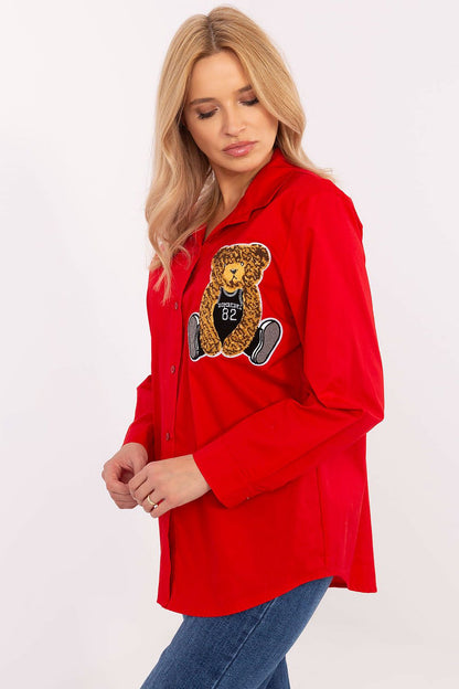 Italy Moda women's long sleeve cotton blend shirt with a teddy bear patch, designed for stylish everyday wear, perfect for both casual outings and office looks.