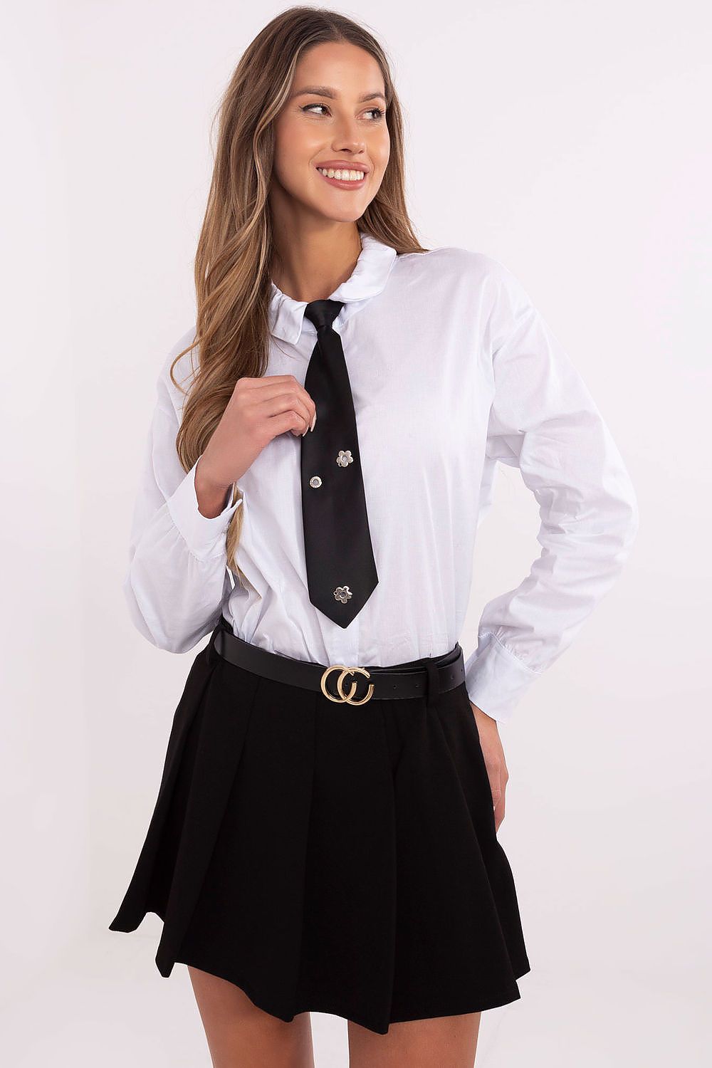 Elegant cotton long sleeve shirt with removable tie by Italy Moda, perfect for casual styling, showcasing a timeless collar design and smooth material for comfortable fit.