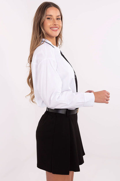 Stylish long sleeve women's shirt featuring a removable tie from Italy Moda, crafted from premium cotton and spandex blend, ideal for versatile fashion choices.