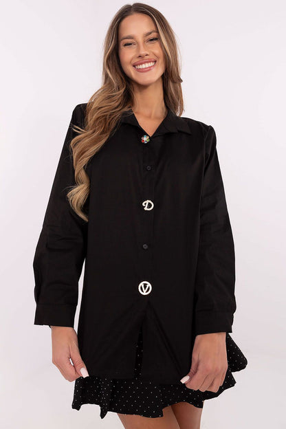 Elegant women's shirt by Italy Moda featuring long sleeves and detachable brooches, perfect for versatile styling for formal and casual occasions.