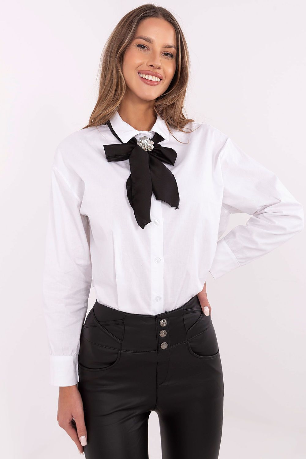 Elegant Long Sleeve Cotton Shirt by Italy Moda featuring a removable brooch and scarf, showcasing luxurious design and comfortable fit.