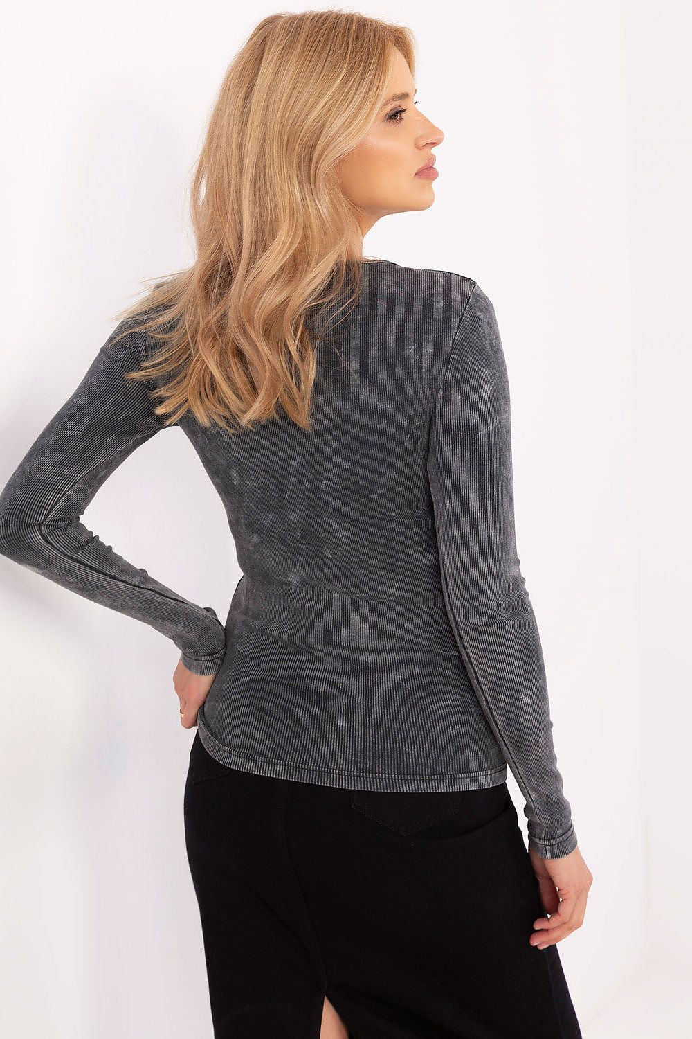 Elegant long sleeve cotton blouse by Factory Price displayed in standard length with a round neckline, ideal for those seeking comfort and style.