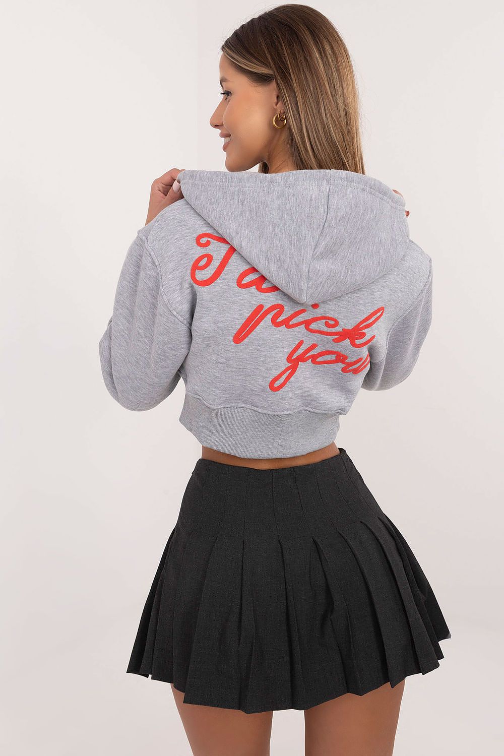 Fashionable women's zip-up sweatshirt model showcasing dynamic lettering and sleek fit, designed by Factory Price for ultimate comfort and style.