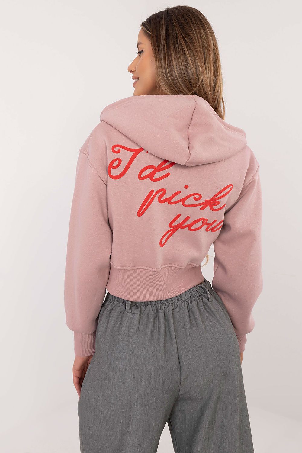 Chic women's zip-up sweatshirt showcasing trendy prints and lettering, crafted from a cozy cotton-polyester blend, exclusively from Factory Price.
