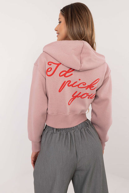 Chic women's zip-up sweatshirt showcasing trendy prints and lettering, crafted from a cozy cotton-polyester blend, exclusively from Factory Price.