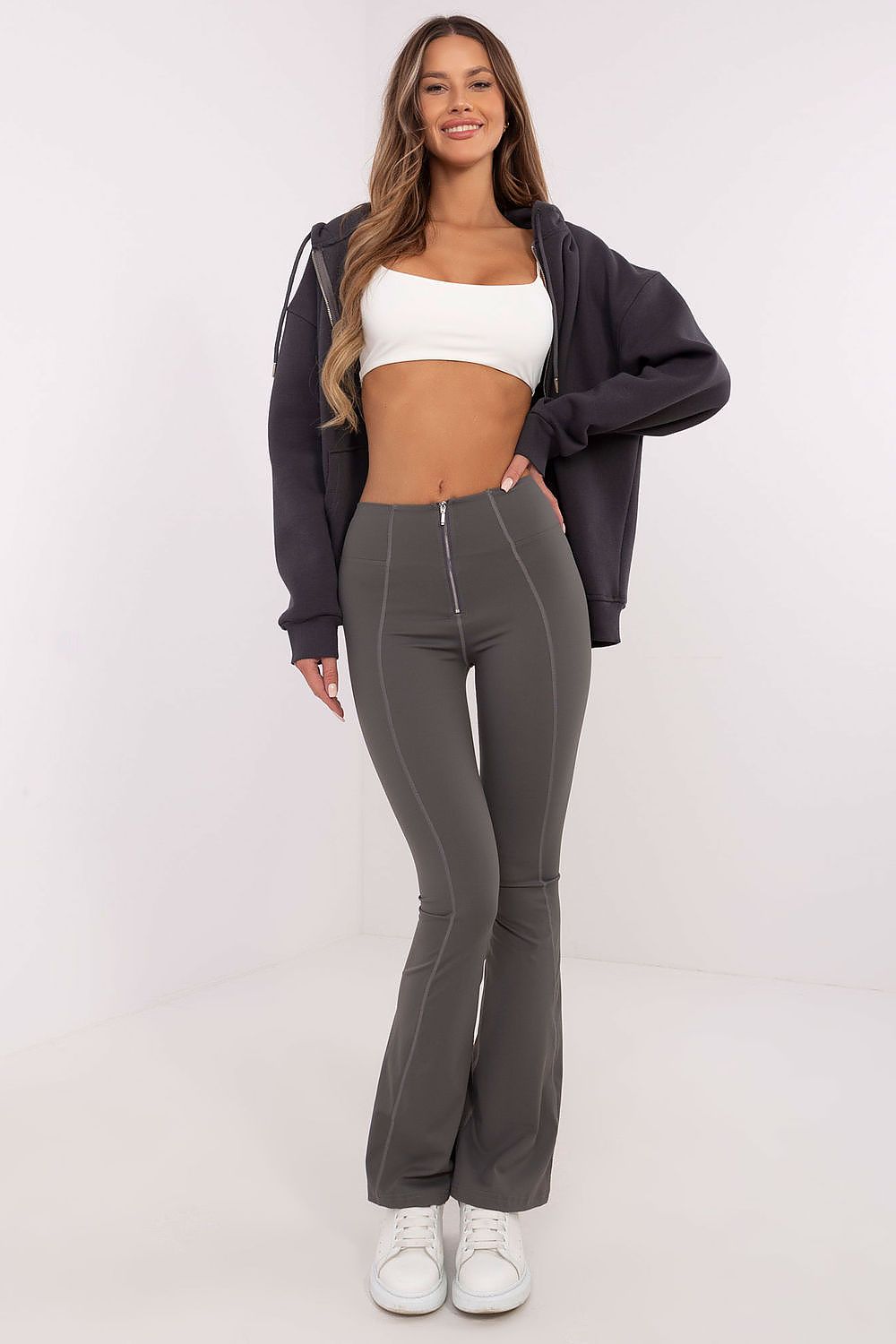 Luxurious high waist wide leg leggings by NM, showcasing a stylish bell-type design in a stretchy polyamide blend for ultimate comfort and sophistication.