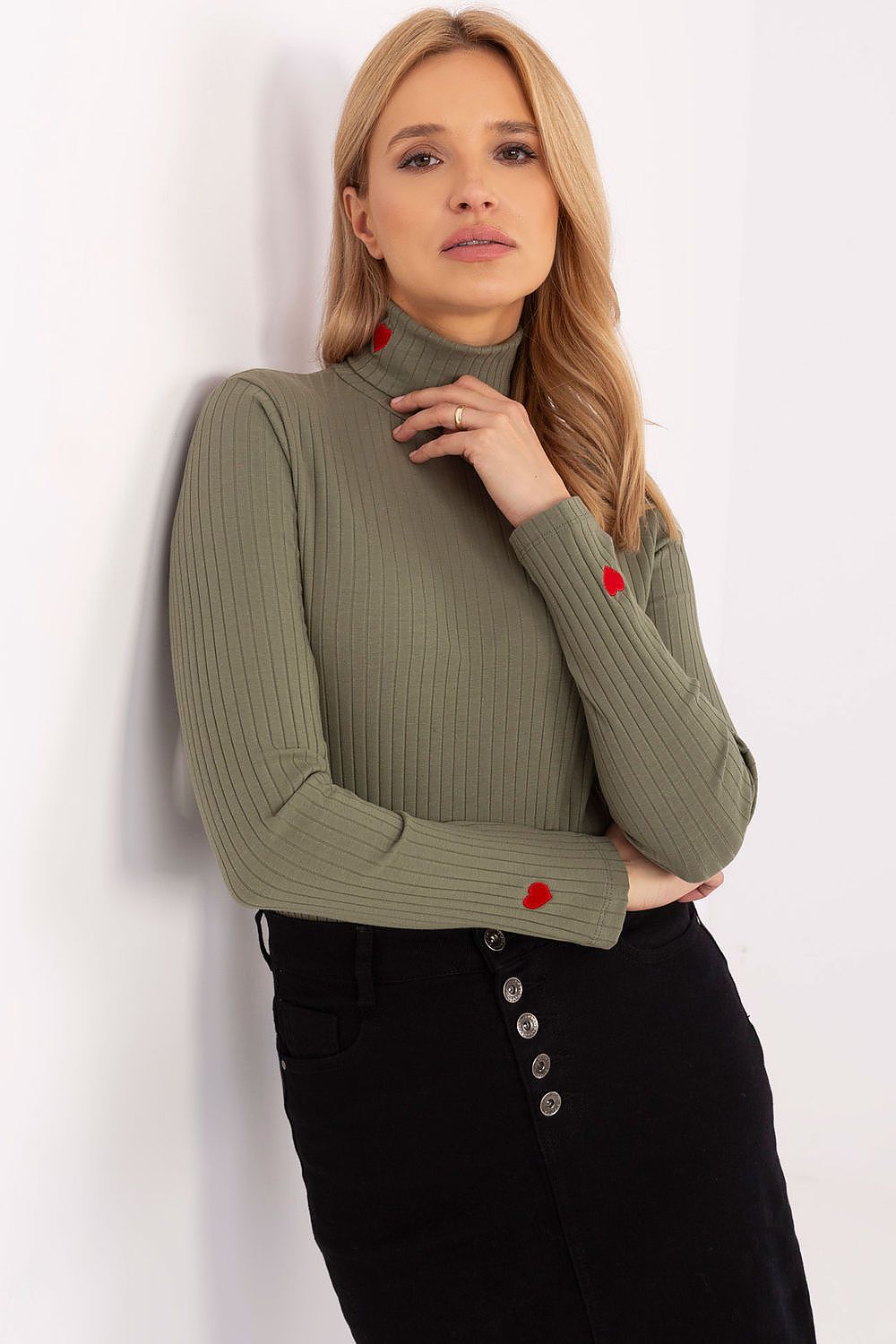 Elegant Women's Turtleneck Sweater with Embroidered Hearts by Relevance in a luxurious cotton-spandex blend, EU 0 / US 2.