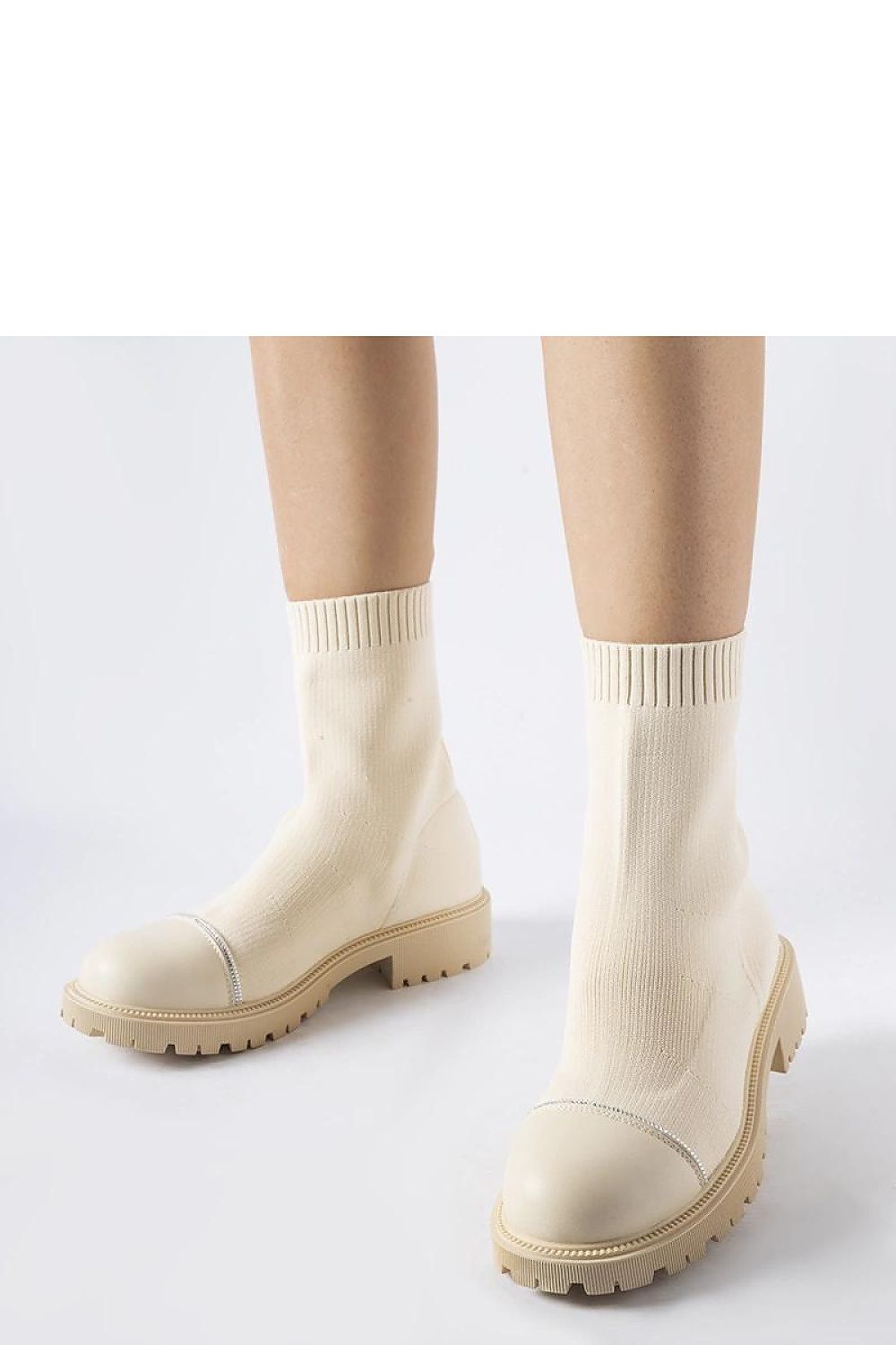 Solea beige sock boots adorned with Vail zircons, showcasing elegant comfort and luxurious style, suitable for EU sizes 36-41 and US sizes 5.5-10.5.