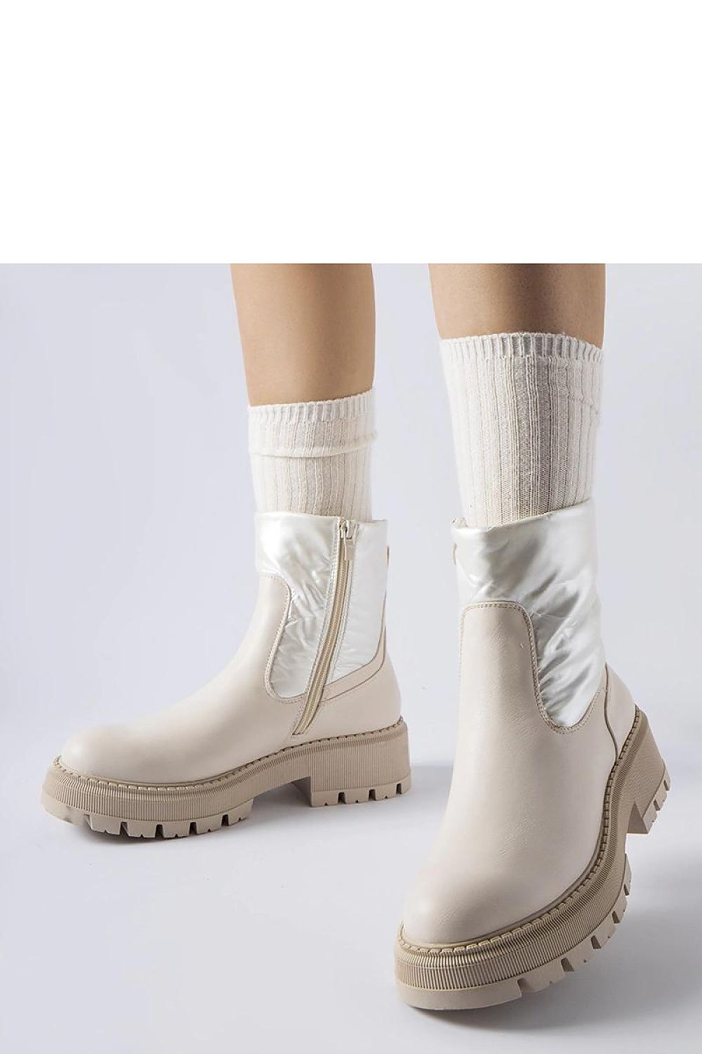 Solea luxury beige ankle boots featuring a decorative shaft, crafted from high-quality eco leather, perfect for fashionable autumn outfits.