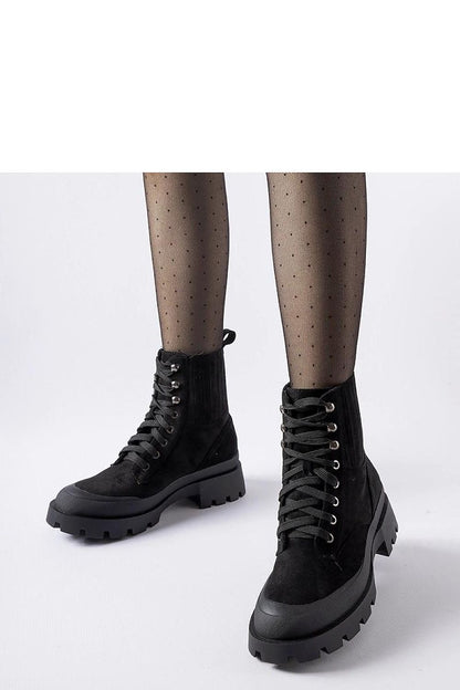 Black Orson eco-suede ankle boots for women by Solea, featuring a stylish lace design and comfortable low heel, perfect for elegant everyday wear.