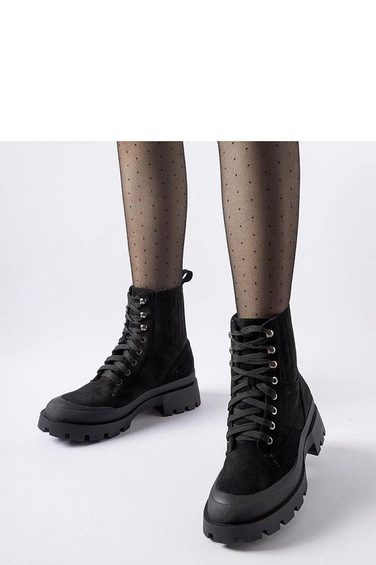 Black Orson eco-suede ankle boots for women by Solea, featuring a stylish lace design and comfortable low heel, perfect for elegant everyday wear.