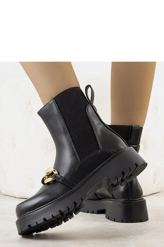 Solea Black Eco-Leather Ankle Boots with Thick Platform Sole and Chain Strap, elegantly designed for luxury style, perfect for cooler days.