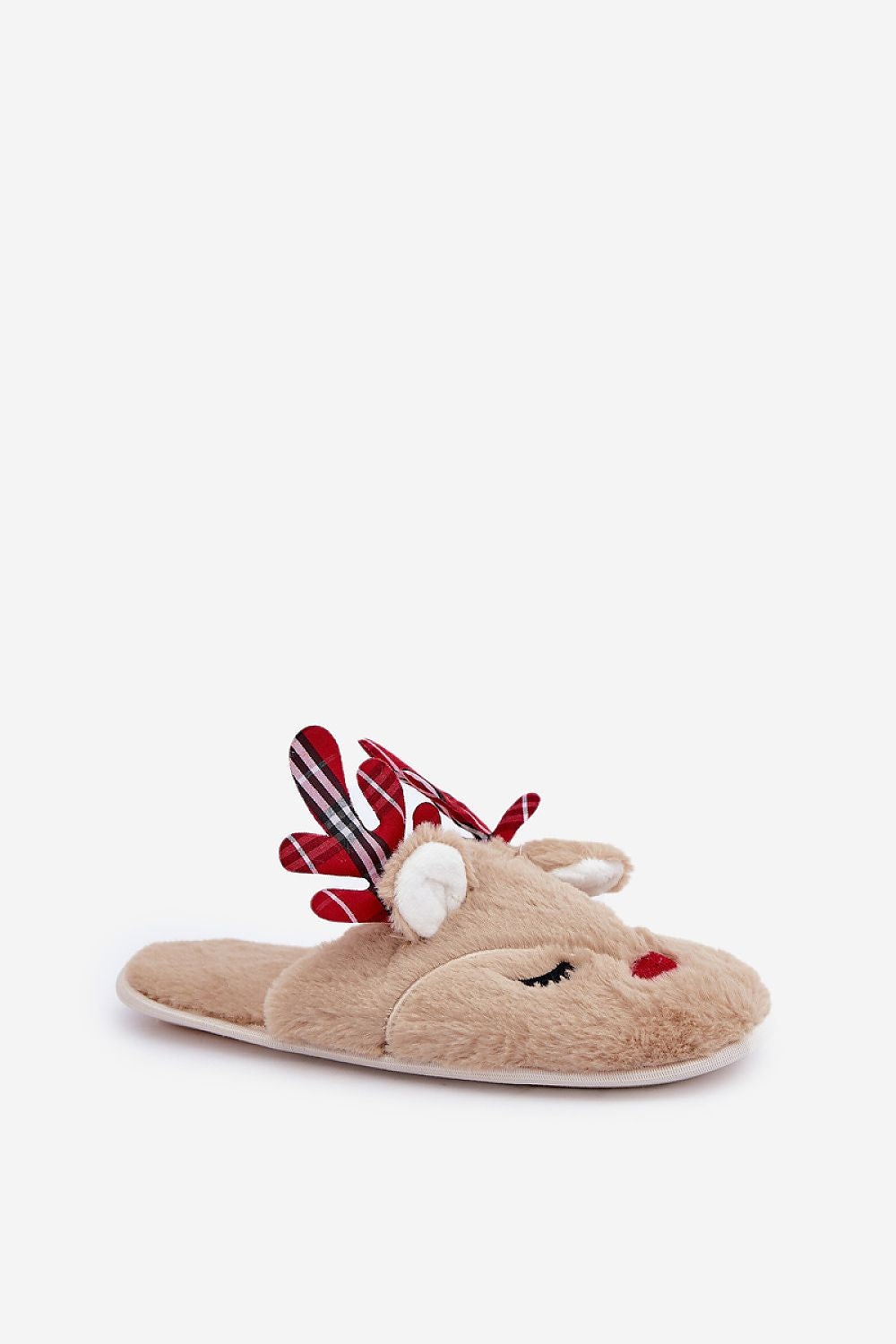 Step in Style luxurious holiday slippers, offering soft and cozy comfort with a reindeer fur motif.