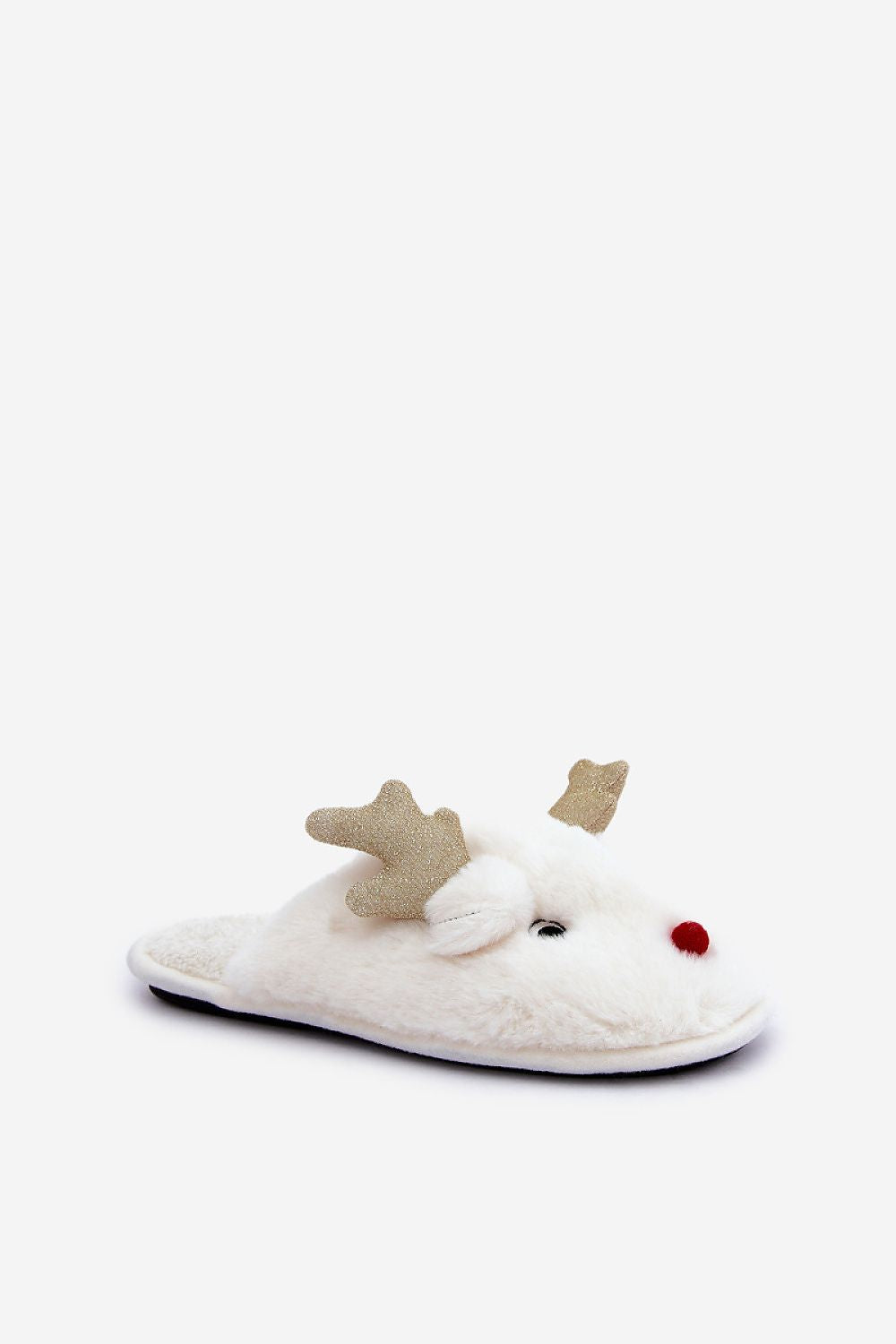 Luxury women's reindeer motif fur slippers by Step in Style, showcasing a sophisticated design perfect for winter evenings.