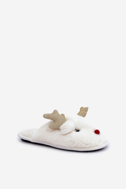 Luxury women's reindeer motif fur slippers by Step in Style, showcasing a sophisticated design perfect for winter evenings.