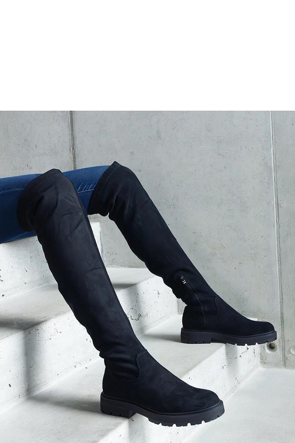 Close-up view of Solea Black Long Thigh-High Boots showcasing the high-quality eco leather and round toe design.