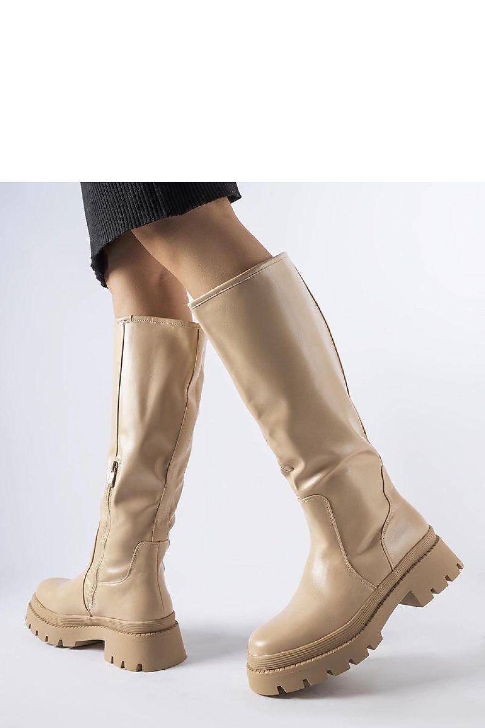 Solea Beige Eco-Leather Thigh-High Classic Boots Christien displayed elegantly, showcasing their timeless design and zip closure, perfect for sophisticated winter outfits.