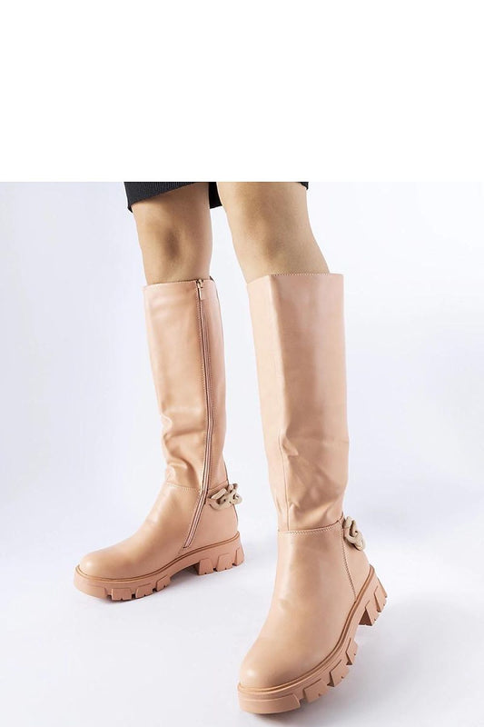 Solea luxurious pink flat thigh-high boots adorned with a sophisticated chain, crafted from warm eco leather, ideal for stylish autumn and winter wear.