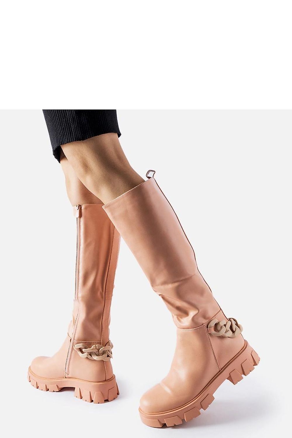 Chic Solea pink eco leather thigh-high boots with a round toe and fashionable chain detailing, perfect for elevating any woman's wardrobe.