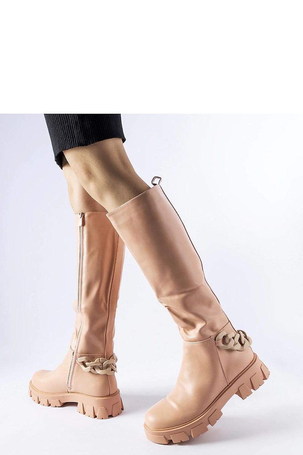 Solea pink flat thigh-high boots featuring a stylish chain detail, crafted from warm eco leather with a convenient zipper closure, designed for luxurious autumn and winter wear.