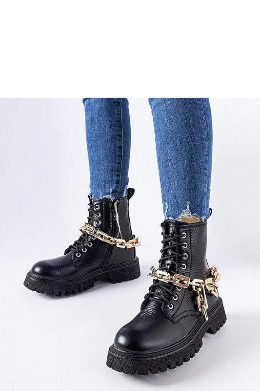 Elegant display of Solea Black Bowling Chain Trapper Shoes, highlighting their lace-up style and feminine ankle coverage, perfect for autumn and winter fashion.