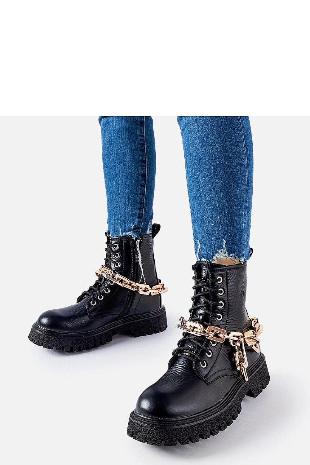 Close-up view of Solea Black Bowling Chain Trapper Shoes, emphasizing the contemporary chain decoration and high-quality craftsmanship for modern women.