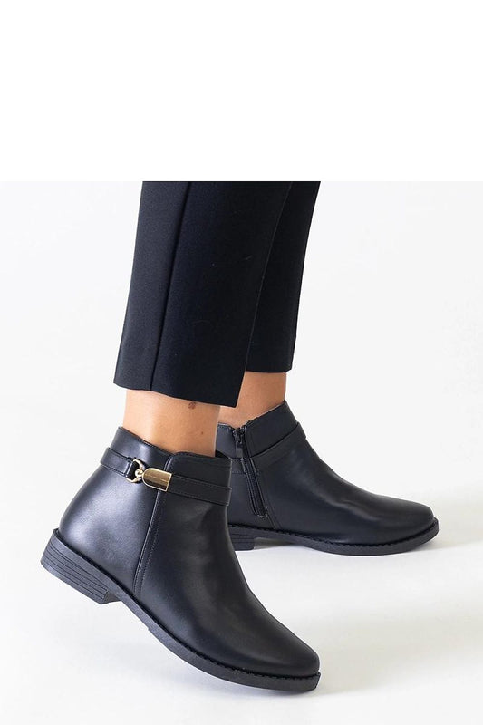 Elegant Black Eco-Leather Ankle Boots With Gold Inserts by Solea, showcasing a stylish design perfect for winter attire.